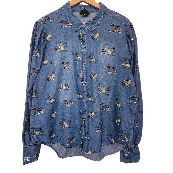 Disney Tops - Disney Denim Button Down Shirt Womens Medium Blue Mickey Mouse Print Puff Sleeve